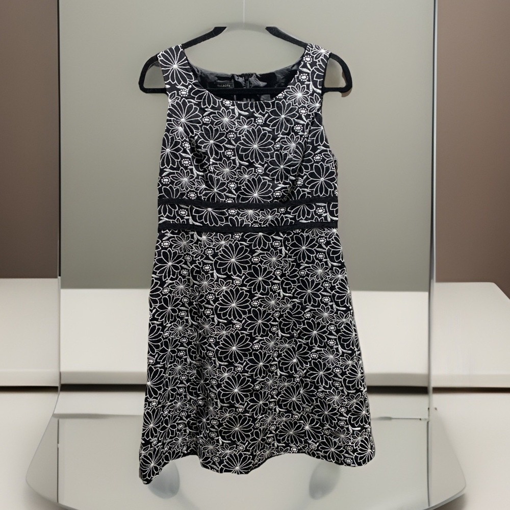 Talbots Black White Floral‎ Embroidery Sleeveless Linen Blend Dress Size 8